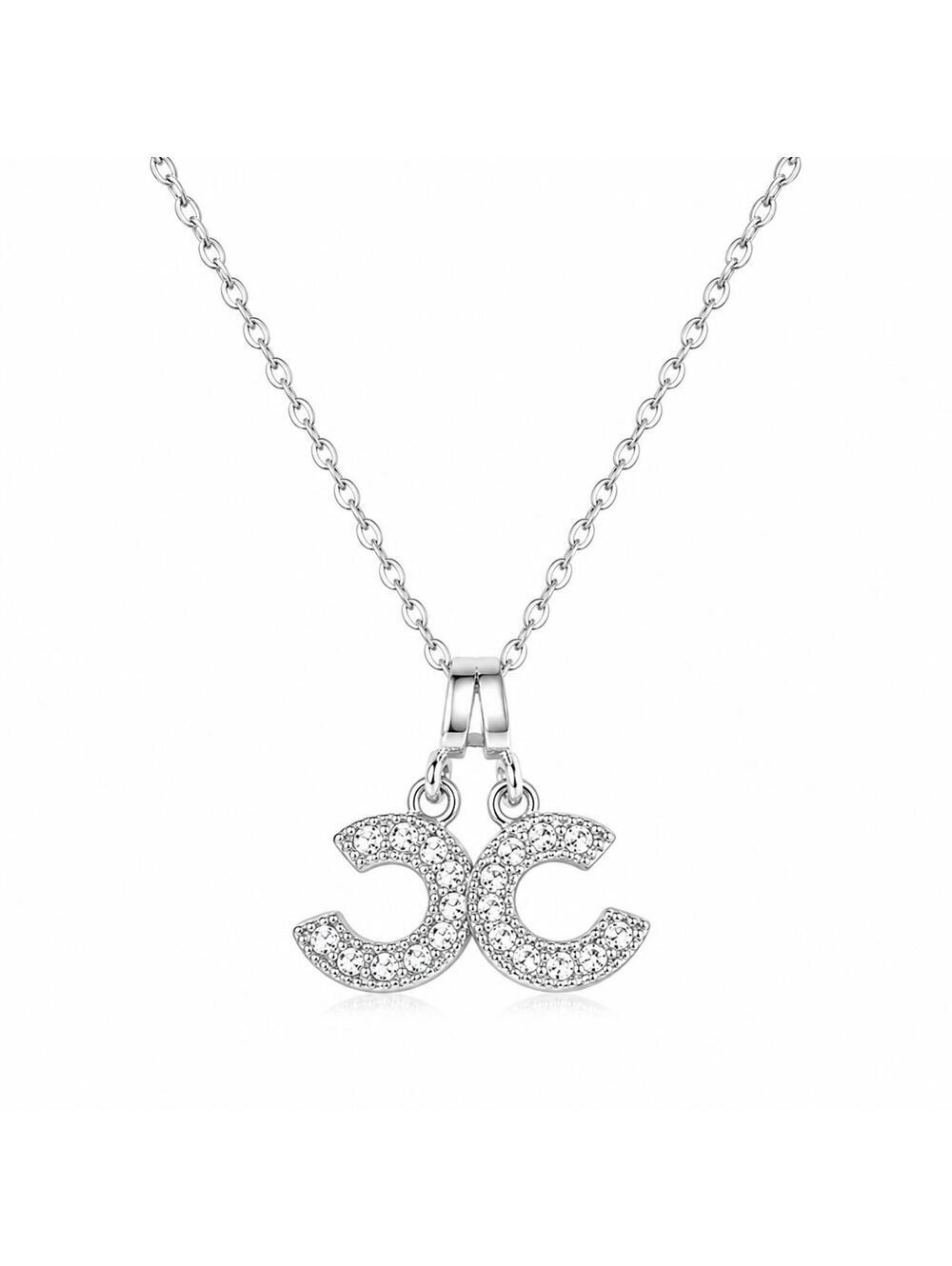 Silver Double CC Crystal Pendant Necklace 18” Chain